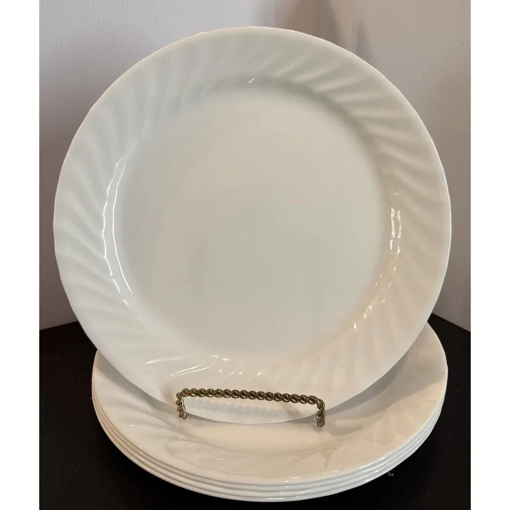 Corelle Enhancements Dinner Plate Plates White Swirl Vitrelle Glass USA Set Of 5